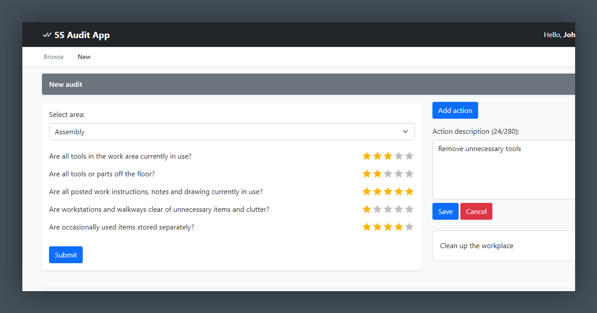 Manage and track audits evaluating the 5S implementation at the organisation.
